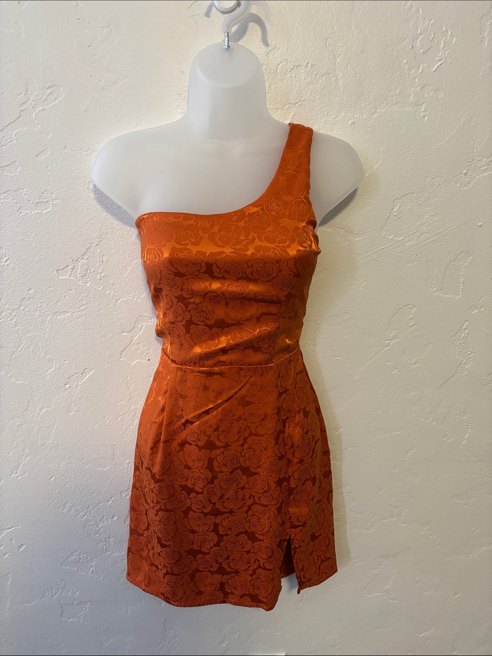 Lucy in the Sky One-Shoulder Burnt Orange Floral Jacquard Mini Dress